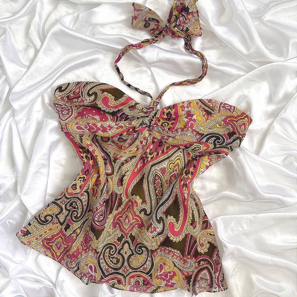 INC International Concepts 100% Silk Paisley Halter Top Pink Yellow Size 12